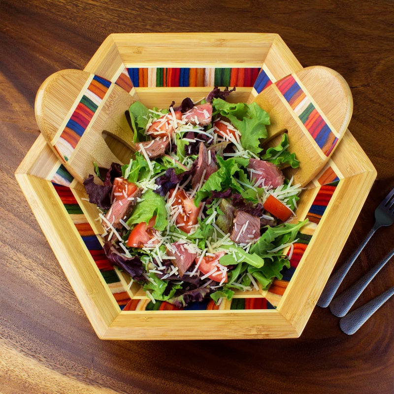 Totally Bamboo Baltique Marrakesh Collection 14" Salad Serving Bowl with Salad Hands, Bamboo and Colored Birch Wood - Image 2
